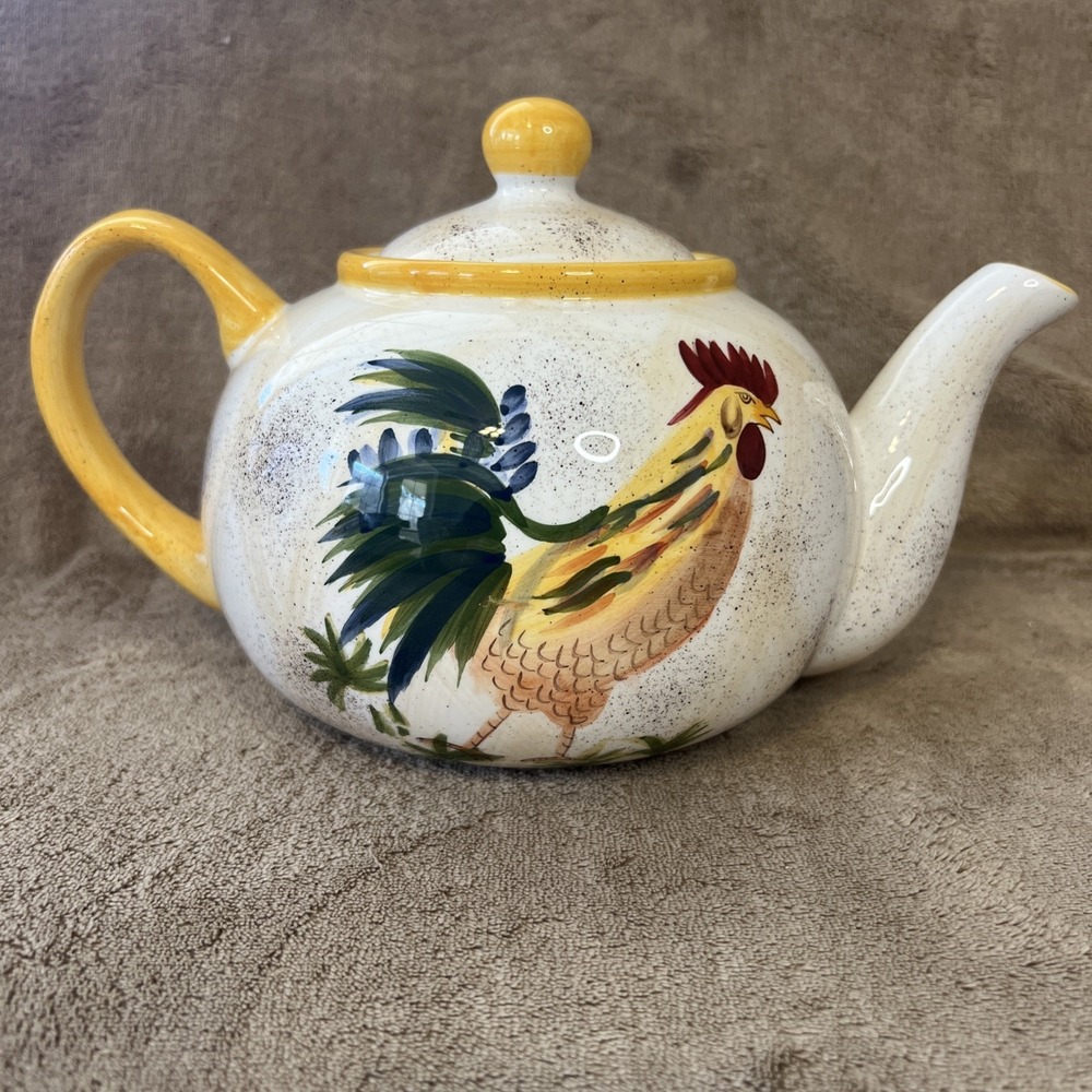 AMERICAN ATELIER Teapot & Lid Round Rooster Handpainted Earthenware 5242